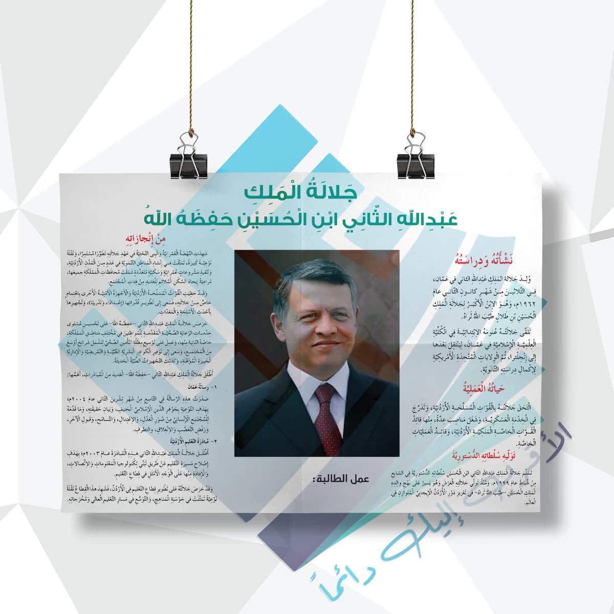 لوحة مدرسية عن الملك عبد الله الثاني