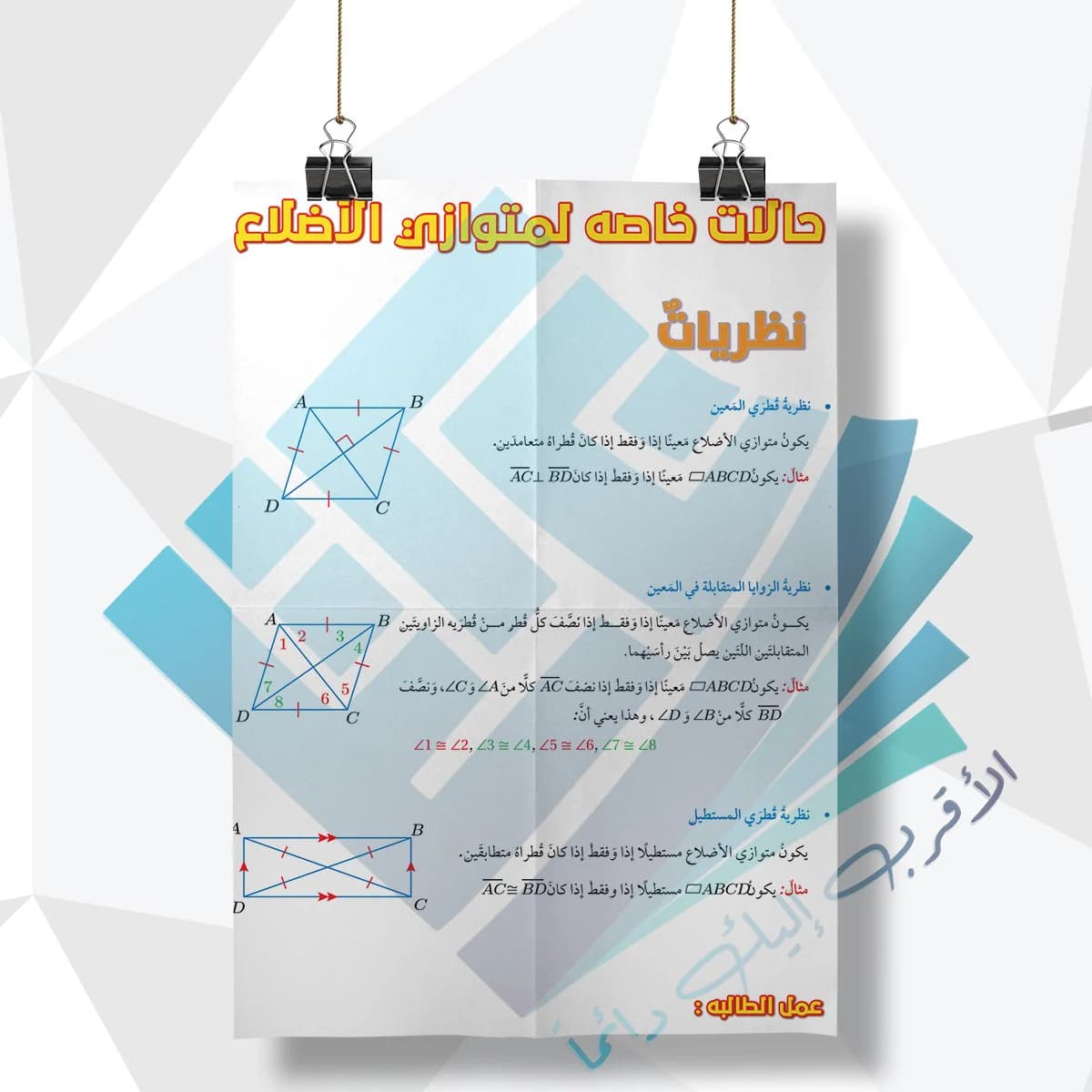 لوحة مدرسية عن حالات خاصة لمتوازي الاضلاع